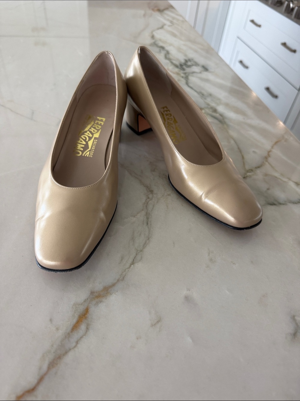 Salvatore Ferragamo Soft Gold/Beige Leather Square-Toe Block Heel Pumps